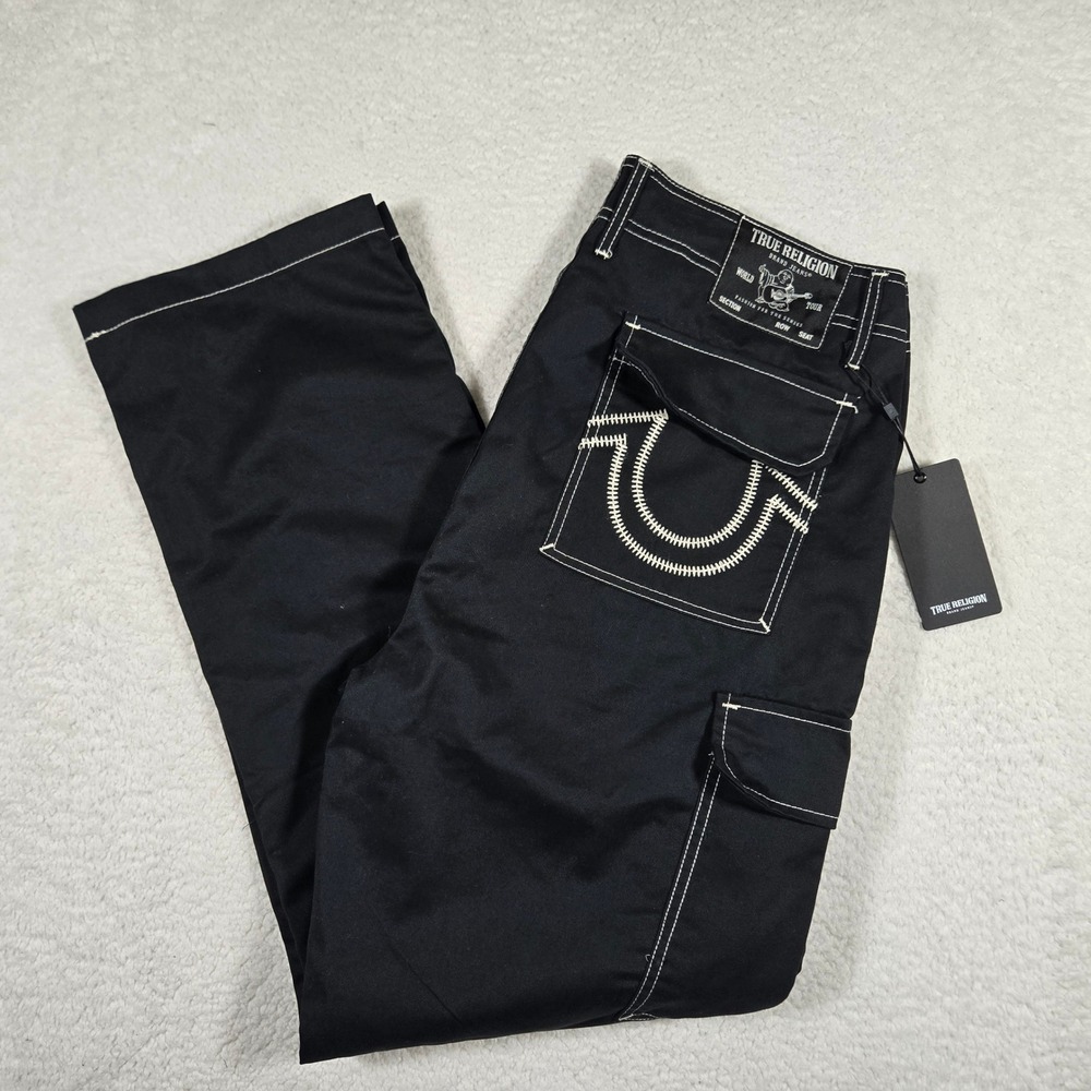 True Religion Mens 34x32 Straight Ladder SN Cargo Pants Jet Black White Stitch
